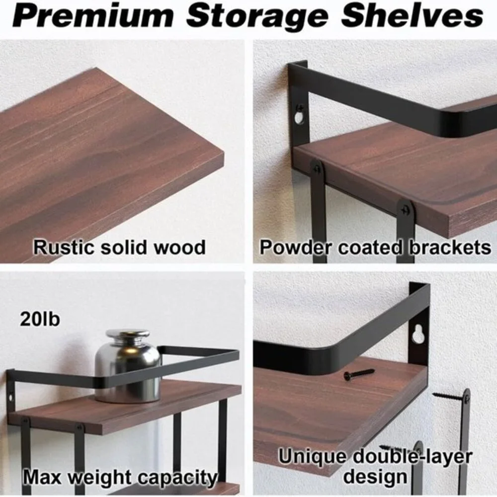 HOUSE‎ 2+1 Tier Wall Mounted Floating Shelves Set of 2, Rustic Wood Shelf